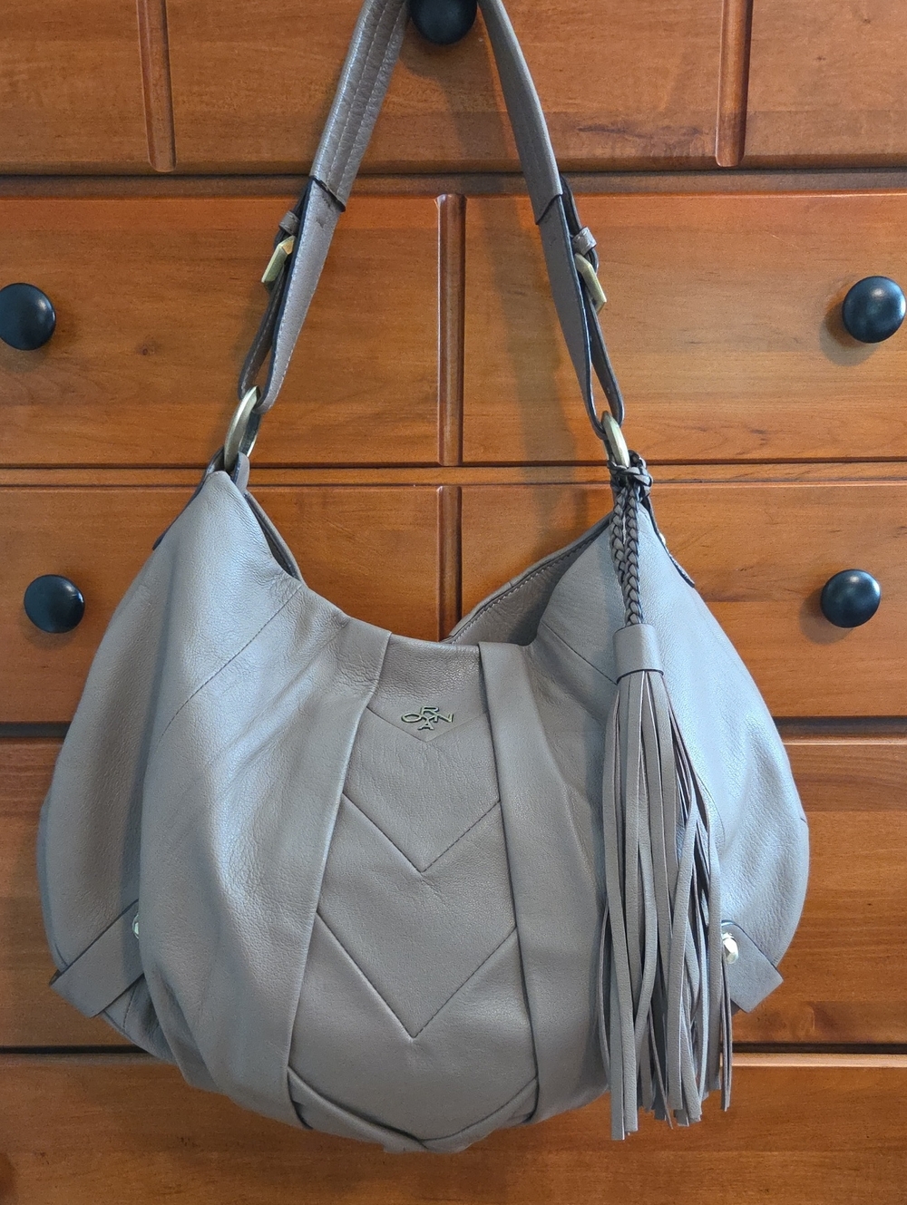 orYANY Taupe Gray Leather Hobo with Braided Tassel
